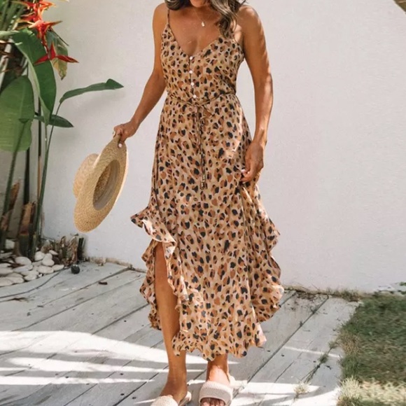 CLEARANCE Button Up Leopard Animal Print Cami Maxi Dress - Picture 2 of 5